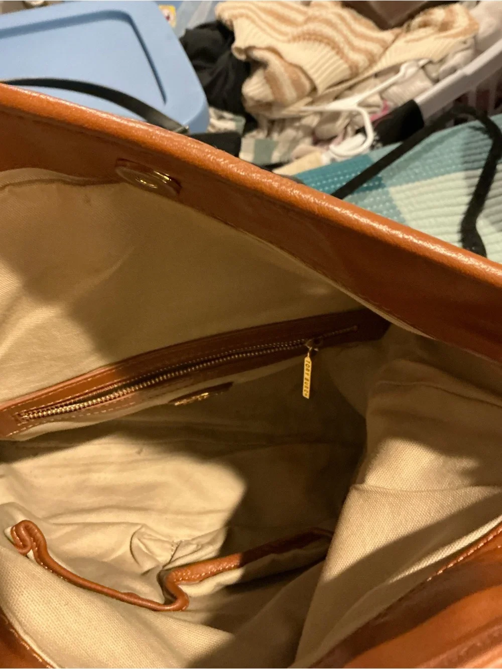 Tory Burch Cognac Leather Fold Over Crossbody Clutch Convertible Bag
